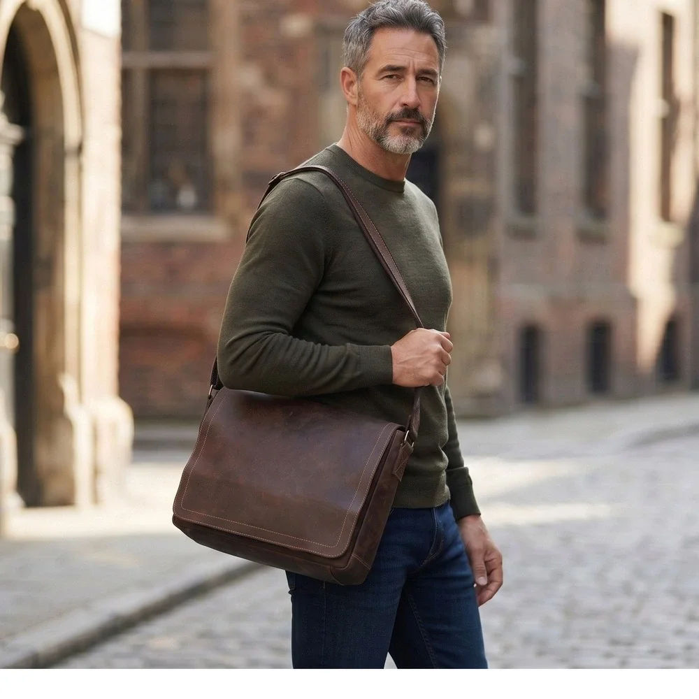 Columbia Made Men's Brown Leather Messenger Bag Laptop Crossbody Work Briefcase